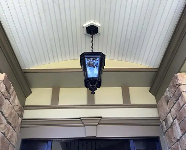 Garage doors and a porch ceiling — Beadboard porch ceiling
